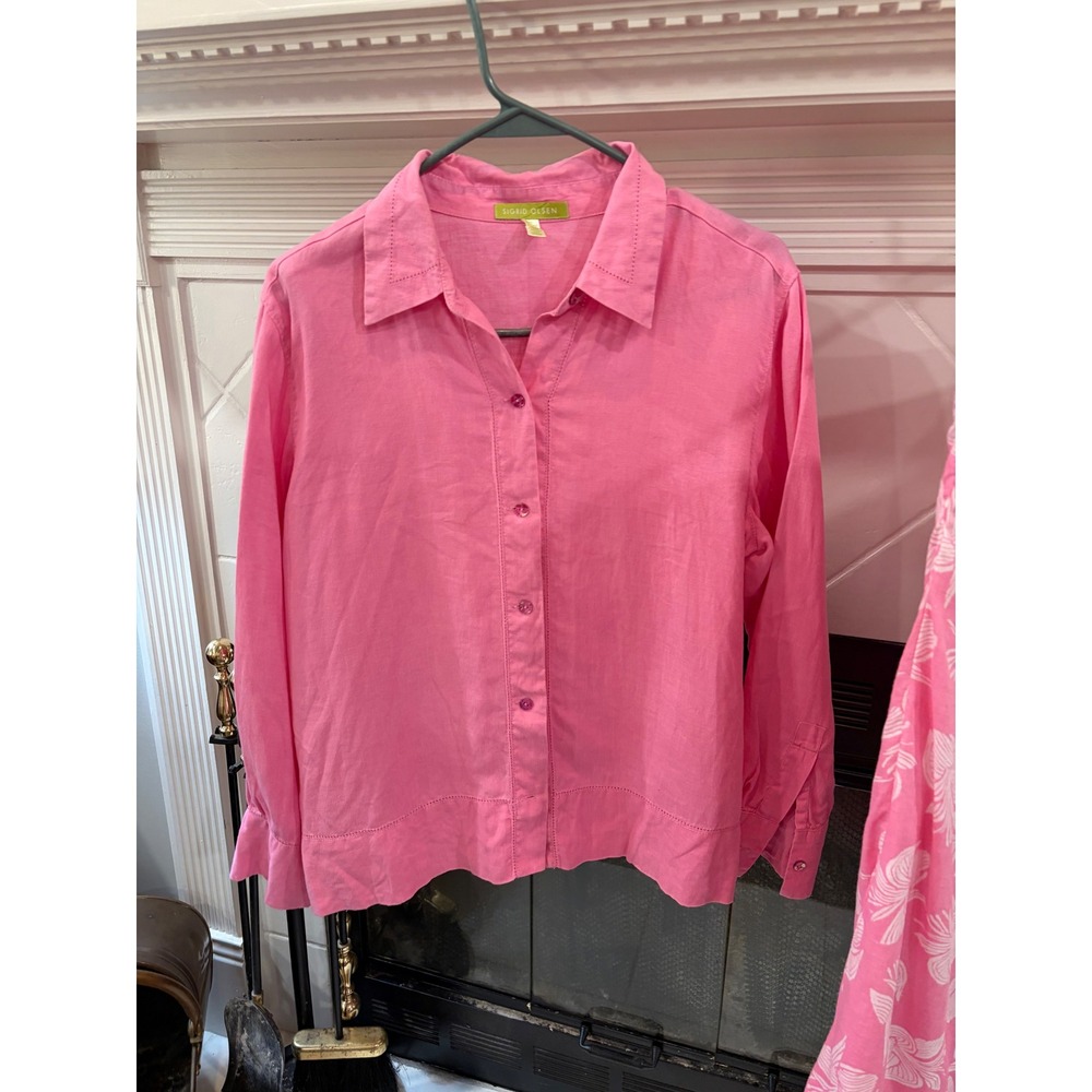 Sigrid Olsen Womens Pink 100% Linen 2 Piece Set Floral Pants Button Shirt M - Picture 5 of 15